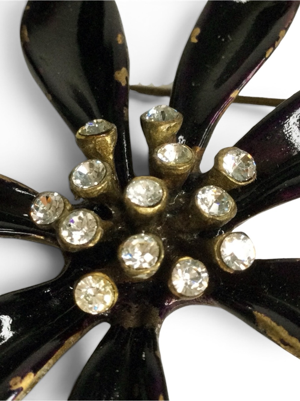 Vintage Ben-Amun Antiqued Gold-Tone Black-Purple Enamel Floral Rhinestone Brooch - Picture 8 of 14